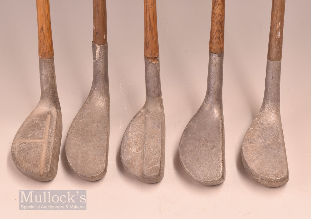 5x Mills Alloy mallet head putters featuring a Y Model (no grip, short), RNG Model, Ray Model (crack