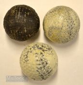 3x large used guttie golf balls – a square line mesh pattern golf ball some line paint visible;