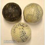3x large used guttie golf balls – a square line mesh pattern golf ball some line paint visible;