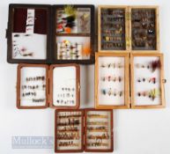 5x Wooden Fly Boxes and Flies containing 200+ assorted wet and dry river flies