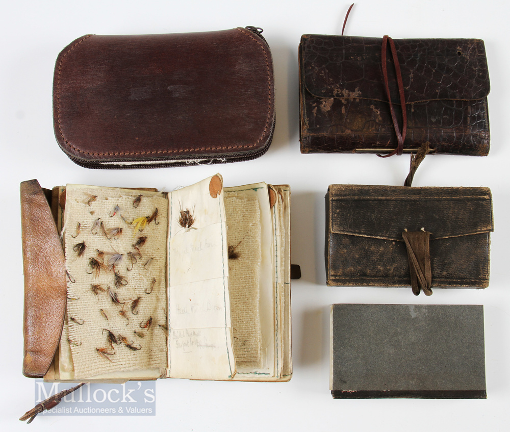 4x Leather Fly & Cast Wallets with a small selection of mixed small flies, one having removable