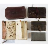 4x Leather Fly & Cast Wallets with a small selection of mixed small flies, one having removable