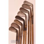 8x various irons featuring E Kenyon cleek, mashie (no grip), Park smf iron, Len Braund Bath mashie