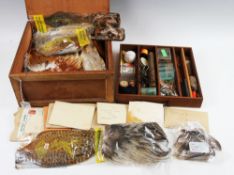 Home Made Fly Tying Chest with Contents incl silks, hooks, wire, good selection of feathers,