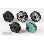 5x Youngs Fly Reels – 2x Youngs & Son 3 ¼” reels, one having retaining screw replaced and a 3 3/8”