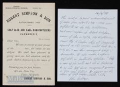 Early Robert Simpson & Son Golf Order Card 1900-10 ‘Golf Club and Ball Manufacturers