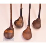 4x various named woods – light stained driver, large striped topped spoon and 2x small head brassies