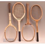 Selection of Wooden Tennis rackets featuring Spalding Jet-Flite Power Model with distress to