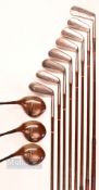 Fine full set of R Forgan St Andrews Gold Medal Irons, Whitcombe woods and bag c1930s - to incl 3x R