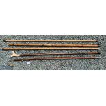 Group of 5 Mixed Wading Staffs 3 with bamboo shafts, one with gaff hook top and another with stag