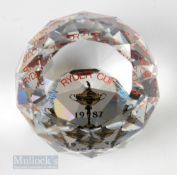 1987 Ryder Cup Cut Glass Paperweight having faceted body with mirrored central design “Ryder Cup
