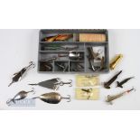 Stewart tackle box of 25 vintage lures baits spinners to include Hardy minnows Norwich spoons and