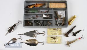 Stewart tackle box of 25 vintage lures baits spinners to include Hardy minnows Norwich spoons and
