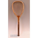 c1888 Rare F.H. Ayres ‘The Central Strung’ flat top wooden tennis racket with maker’s script details