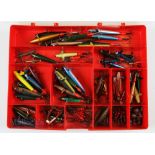 Tackle box containing 60 assorted minnows and mounts, metal plastic and alloy examples- with