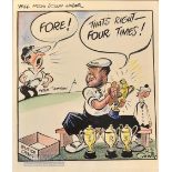 Bob Connolly (b.1907 – d.1981) Mix media coloured golfing cartoon of Bobby Locke (South Africa)