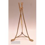 Interesting Brass Golf Club Pyramid Stand made up with 3x longnose style clubs, golf ball and