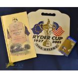 3x Ryder Cup Items from 1999 and 2001 (3) – 1999 Ryder Cup Brook Line USA Welcome Dinner Menu (