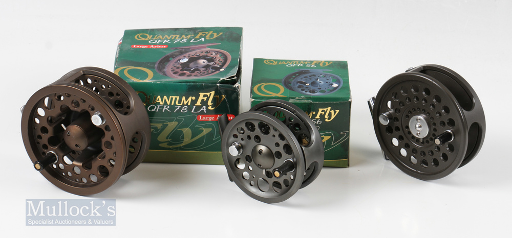 2x Quantum Fly Fishing Reels – QFR78 LA large arbor 4 ¾” and a QFR56 3 ¼” reel, both with