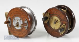 2x Wood, alloy and brass star back 3 ½” centre pin reels one with an alloy rear plate and rear