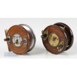 2x Wood, alloy and brass star back 3 ½” centre pin reels one with an alloy rear plate and rear