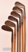 5x R Forgan irons incl Forgan Flag series niblick (shaft stamp), long iron (shaft stamp), deep faced