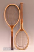 2x wooden tennis rackets to include a Williams & Co model with leather strap to top of frame, convex