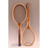 2x wooden tennis rackets to include a Williams & Co model with leather strap to top of frame, convex