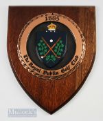 The Royal Dublin Golf Club Wooden Plaque with motif to centre on wooden shield plaque, measures