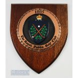 The Royal Dublin Golf Club Wooden Plaque with motif to centre on wooden shield plaque, measures