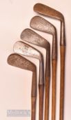 4x R Forgan Kings Crown cleek marked irons incl a mashie marked B, Links iron, iron marked Bombay,