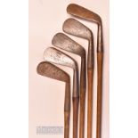 4x R Forgan Kings Crown cleek marked irons incl a mashie marked B, Links iron, iron marked Bombay,