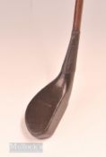 George Forrester Elie dark stained scare neck putter with red fibre sole slip c/w makers oval