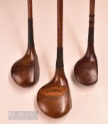 3x good Tom Morris St Andrews socket head woods – incl 2x signatures and straight line stamp marks -