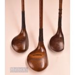 3x good Tom Morris St Andrews socket head woods – incl 2x signatures and straight line stamp marks -