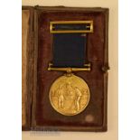 Royal Wimbledon Golf Club 9ct gold medal c/w ribbon and swivel bar c1928 - with embossed period