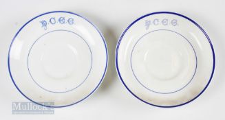 Pair of Honourable Company of Edinburgh Golfers Saucers both white saucers with blue initials and