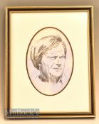 Jack Nicklaus – unsigned artist pencil drawing with watercolour wash mounted in oval border mf&g 9.