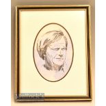 Jack Nicklaus – unsigned artist pencil drawing with watercolour wash mounted in oval border mf&g 9.