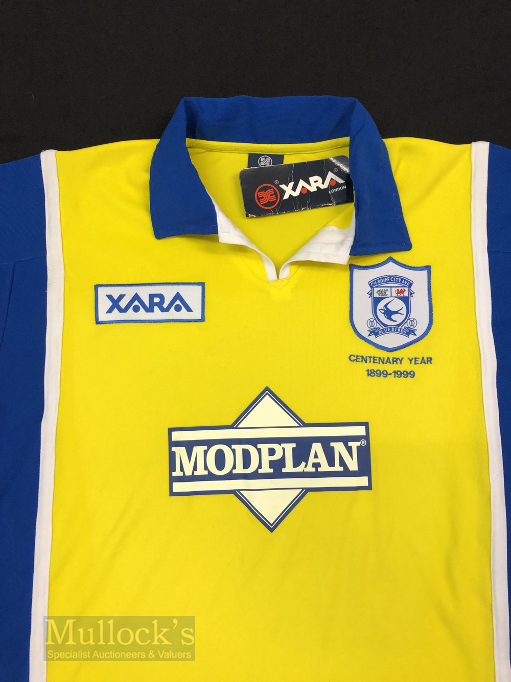 1999 Cardiff City Away football shirt size large, in yellow and blue, Xara, short sleeve - Image 2 of 2