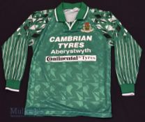 Aberystwyth Town AFC Home football shirt size 36” in green and white, Ffigar, long sleeve