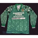 Aberystwyth Town AFC Home football shirt size 36” in green and white, Ffigar, long sleeve