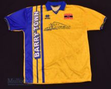 1990s Barry Town Home football shirt size XL, in yellow and blue, Errea, short sleeve