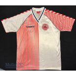 1986 Denmark International Away football shirt size XL, Hummel, in white and red stripes, short