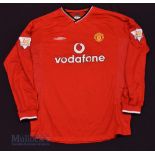 2000/02 Manchester United Home football shirt size L 43”, in red, Umbro, long sleeves, with league