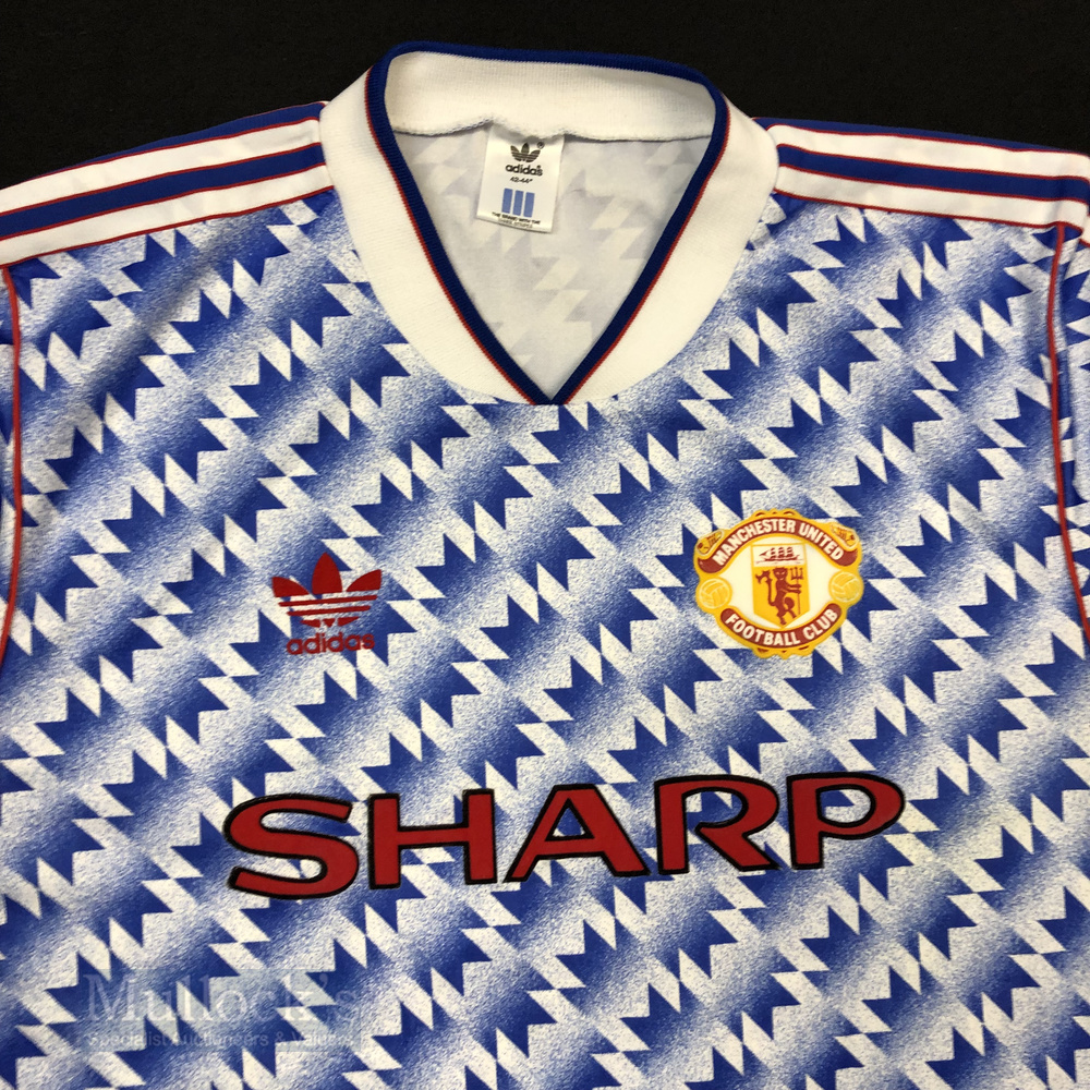 1990/92 Manchester United Away football shirt size 42-44”, blue and white design, Adidas, short - Image 2 of 2