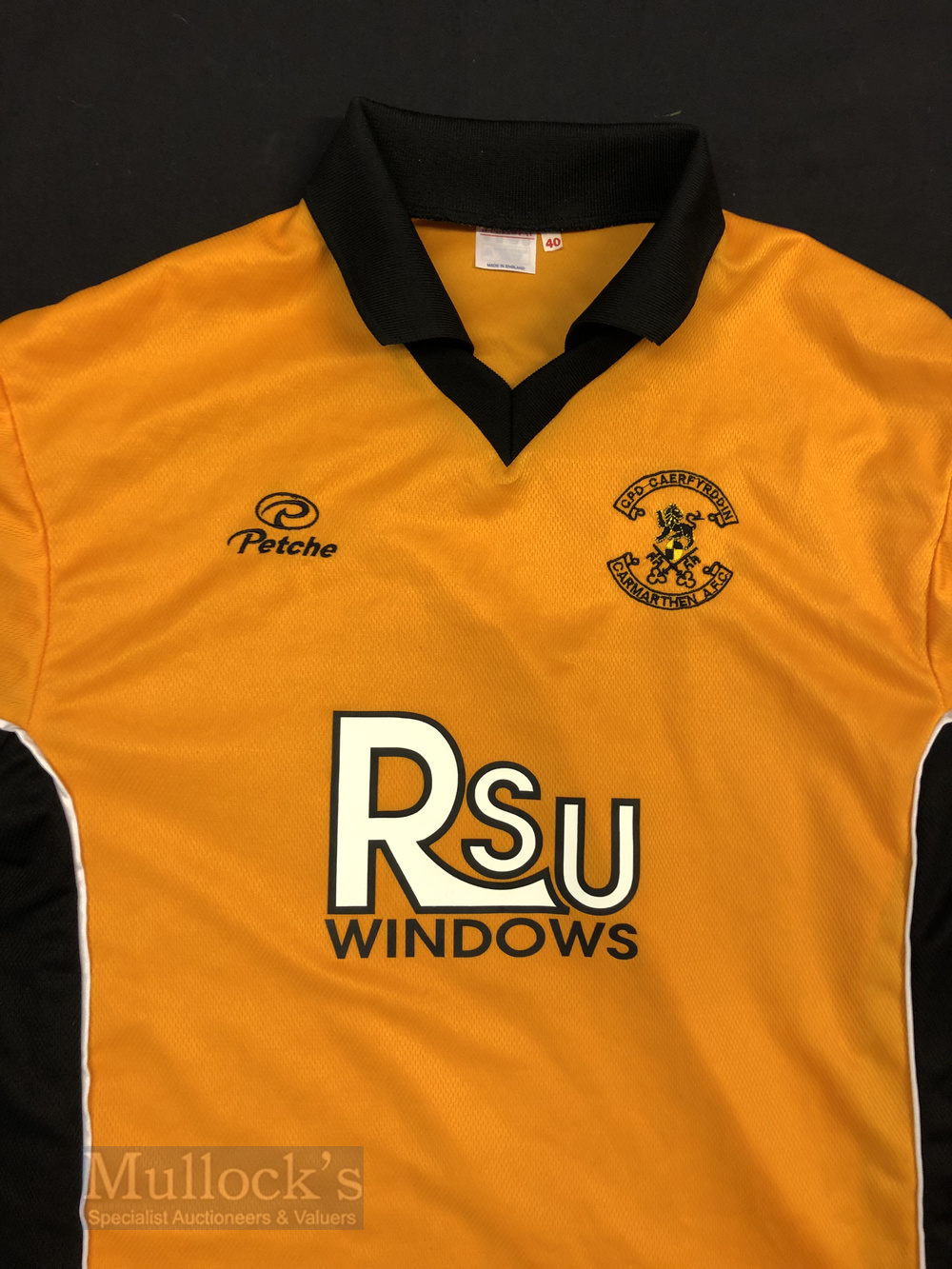 Carmarthen Town AFC Home football shirt size 40”, long sleeve, black and gold colour, MG Sports - Image 3 of 3