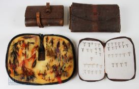 4x Leather Fly & Cast Wallets with Flies and Hooks one having approx. 40 mixed salmon and trout