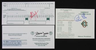 3x US Open Golf Championship Signed Scorecards featuring 1993 Ernie Els, 1994 Lee Janzen, 1996 Steve