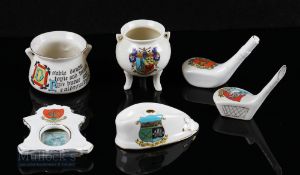 Golfing Crested Ceramics (6) – 2 golf club heads with St Fillans and Swanage crests, Carnoustie